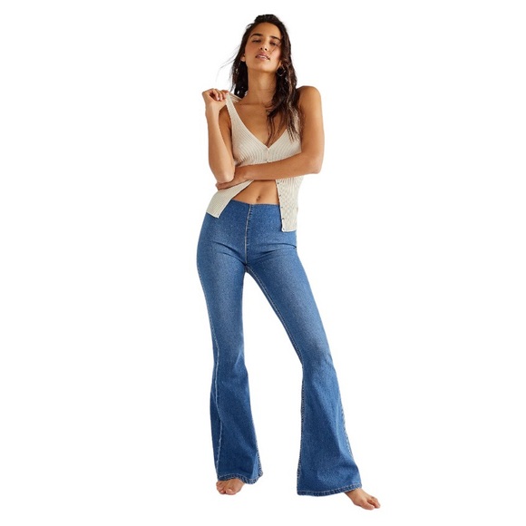 Free People Denim - Free People Pull-On Flare Jeans Women's Size 27 Blue Wash Denim Stretchy Midrise